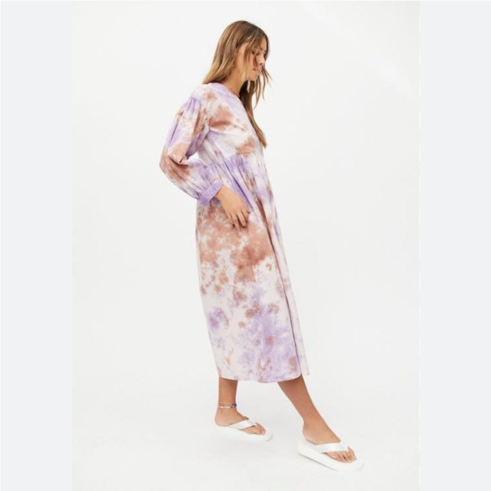 ET TIGRE Jayme Dress Size XS/S MIDI Tie Dye Purple Brown Ivory Cream Long Sleeve